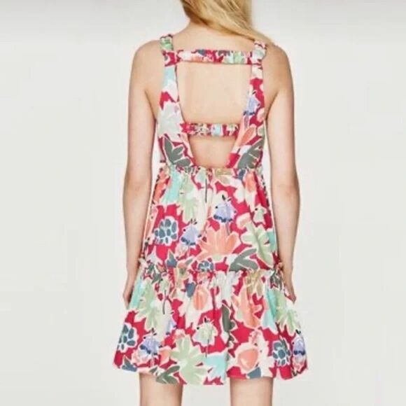 Zara Trafaluc Collection Pink Floral Dress Low Back Size L - Picture 2 of 7